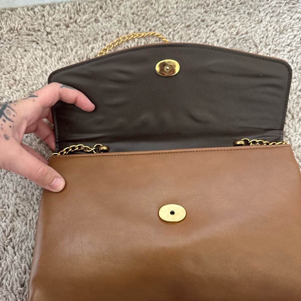 Brown Leather Clutch with Gold Chain - Great Condition! - Picture 3 of 5